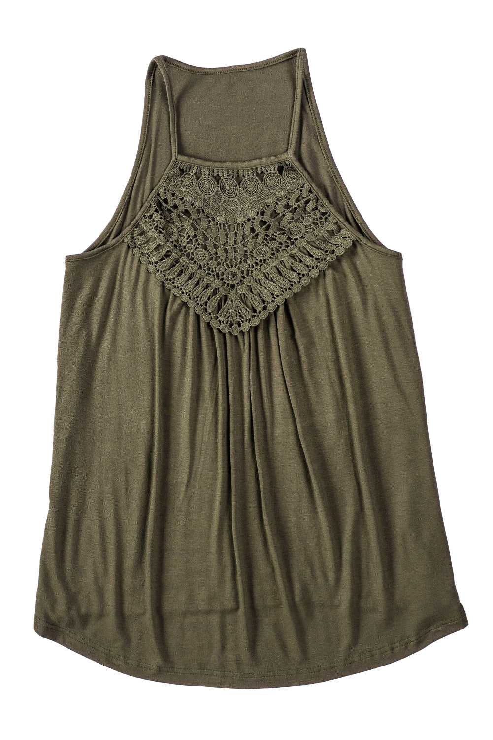 A stylish green tank top featuring intricate crochet lace detailing on the yoke, perfect for summer wear.