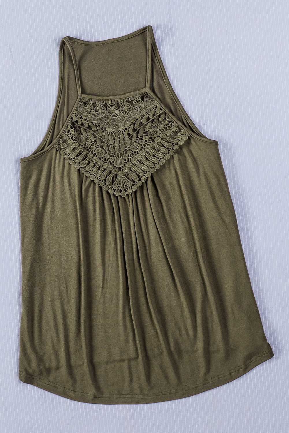 A stylish green tank top featuring intricate crochet lace detailing on the yoke, perfect for summer wear.