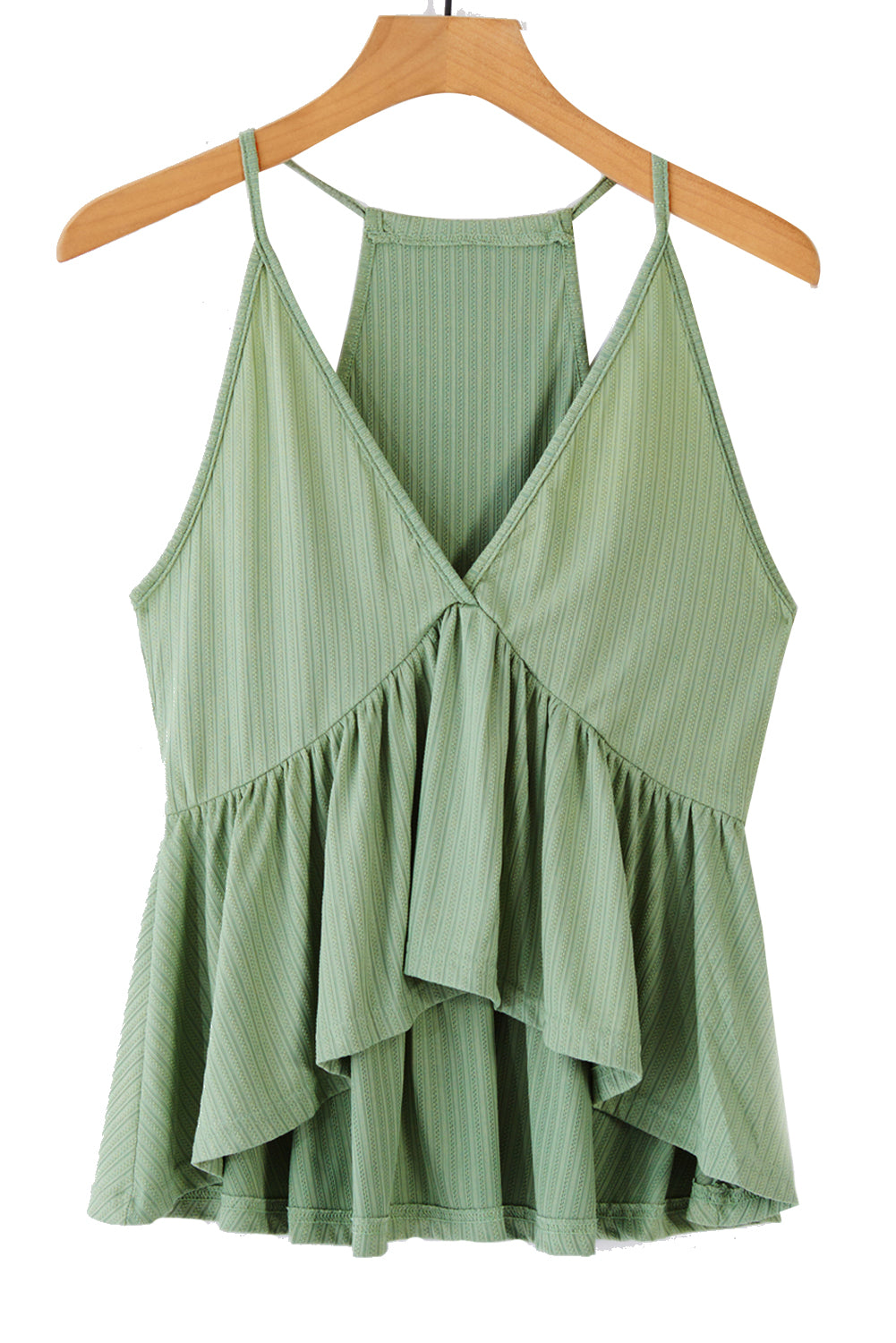 A stylish green deep V neckline ribbed babydoll tank top, perfect for summer wear, showcasing its lightweight knit material and flattering design.