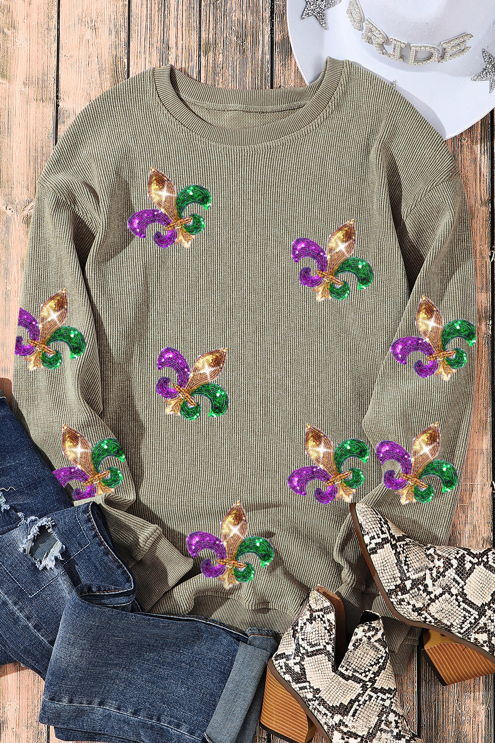 Green Glitter Mardi Gras Symbol Corded Baggy Sweatshirt featuring vibrant glitter design and relaxed fit, perfect for festive celebrations.