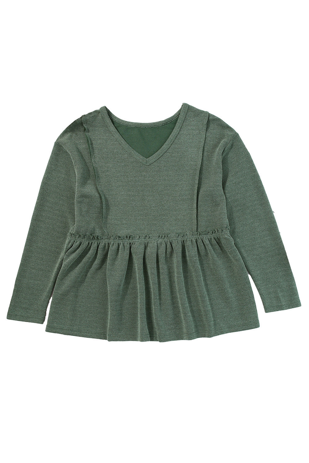 A stylish green long sleeve peplum top featuring outseam details and a ruffle trimmed waistline, perfect for casual and chic outfits.