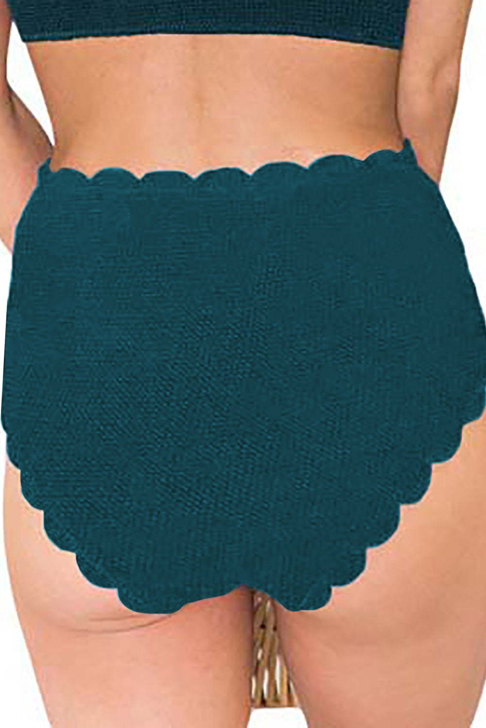 Green high waist bikini panty with scalloped edges, showcasing a stylish and flattering design for beachwear.