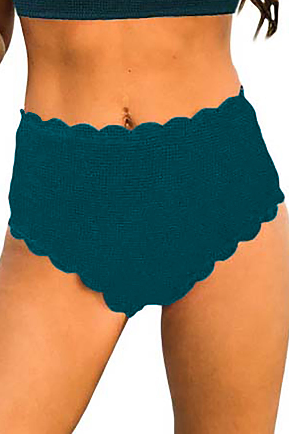 Green high waist bikini panty with scalloped edges, showcasing a stylish and flattering design for beachwear.