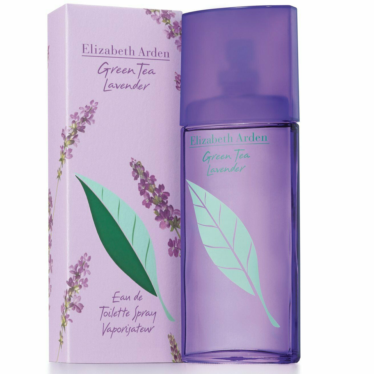 A stylish bottle of Elizabeth Arden Green Tea Lavender Eau de Toilette, featuring a sleek design with lavender and green hues.