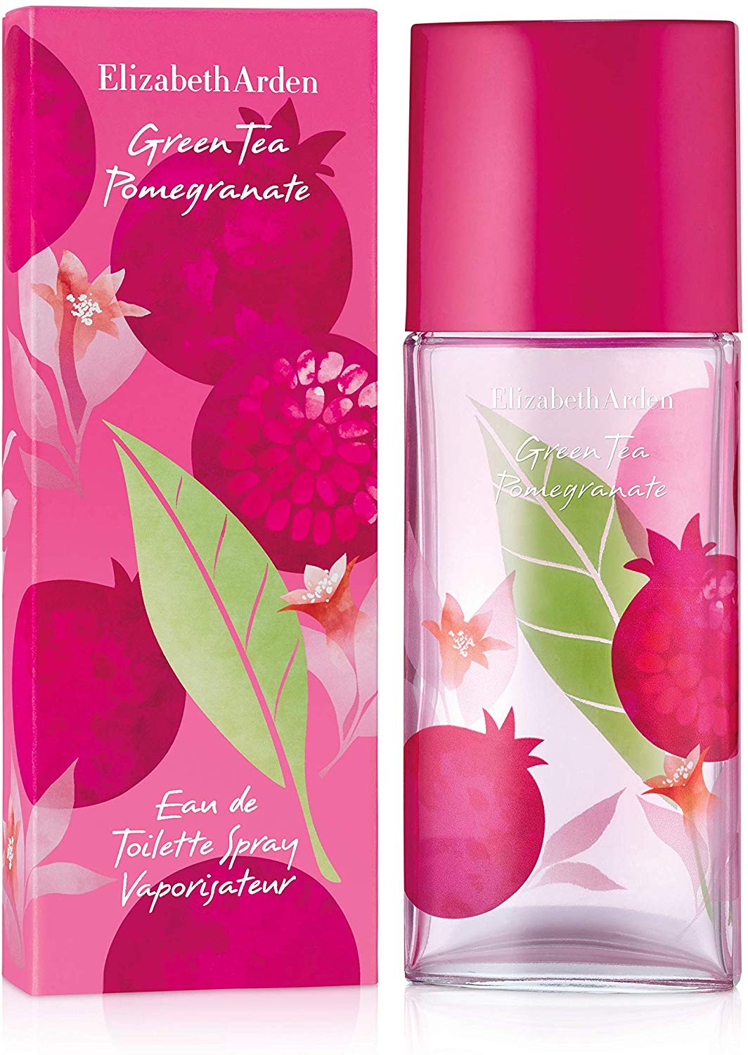 Green Tea Pomegranate Eau de Toilette bottle by Elizabeth Arden, featuring a floral fruity design with vibrant colors.