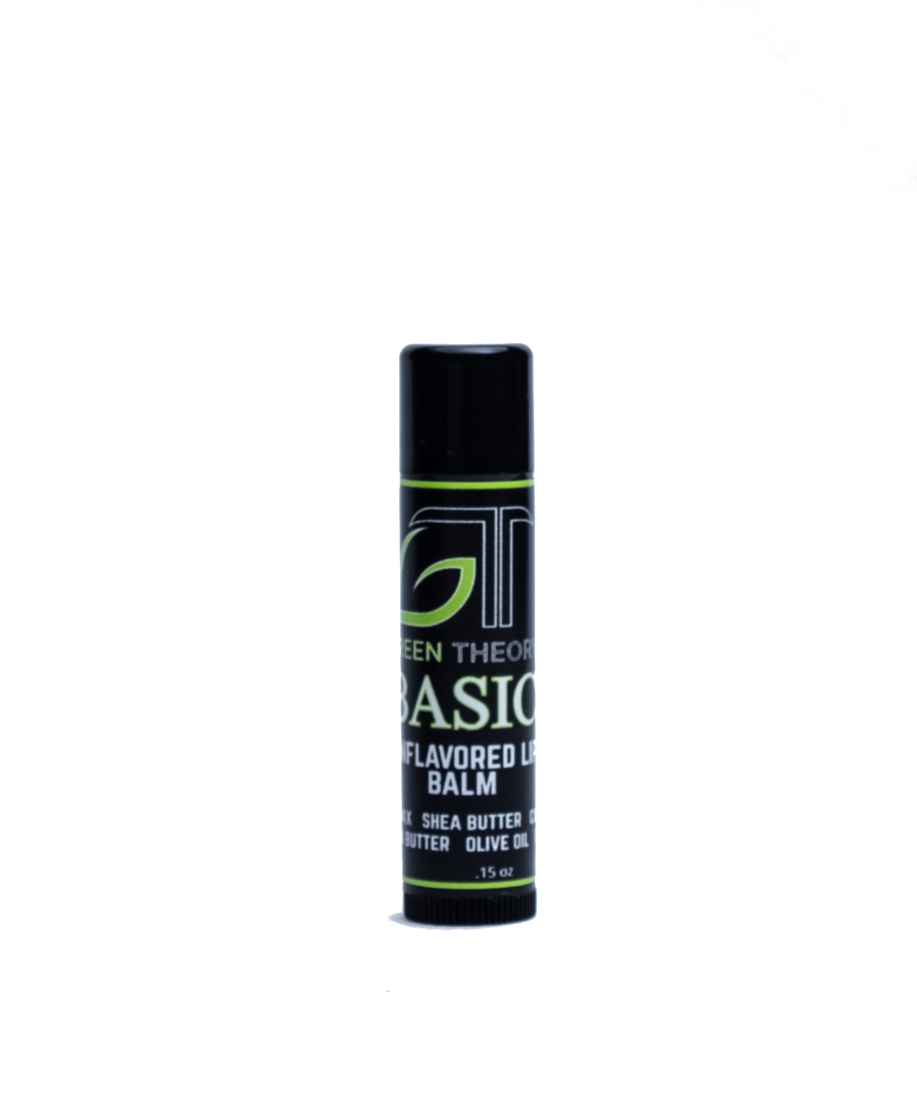 Green Theory Basic Unflavored All Natural Lip Balm in a sleek tube, showcasing its natural ingredients and eco-friendly packaging.