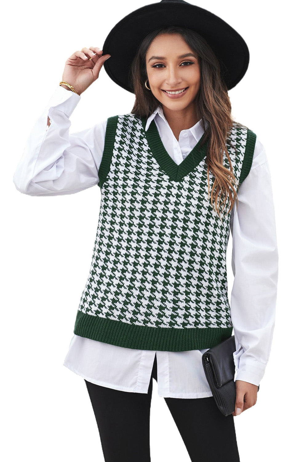 A stylish green V neck argyle plaid knitted sweater vest, showcasing a classic pattern and soft texture, perfect for layering.