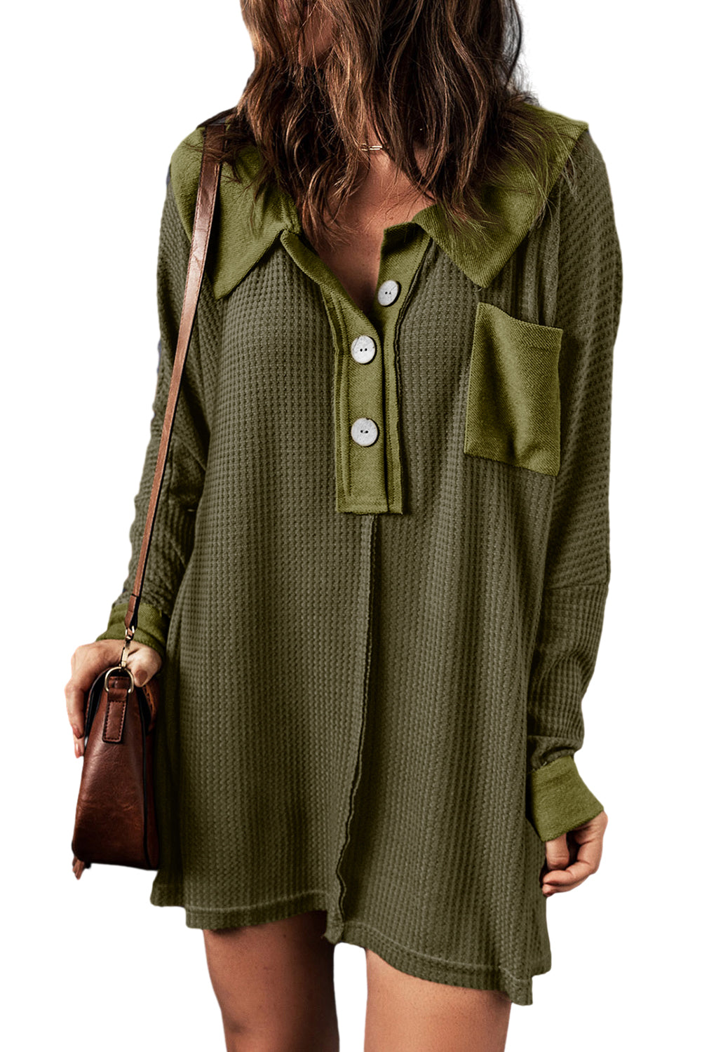 A stylish green waffle knit long sleeve top with buttons, perfect for casual wear and layering.