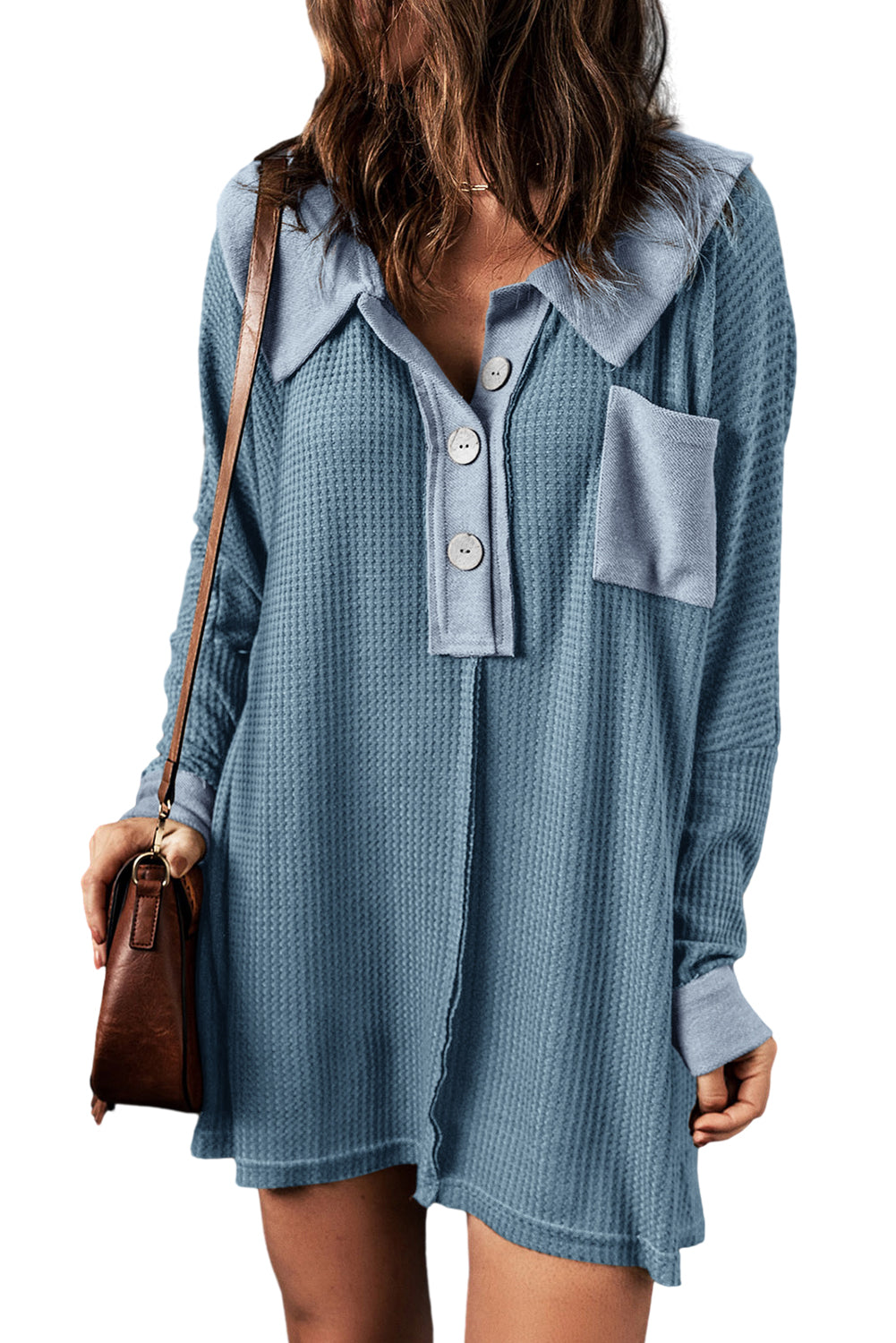 A stylish green waffle knit long sleeve top with buttons, perfect for casual wear and layering.