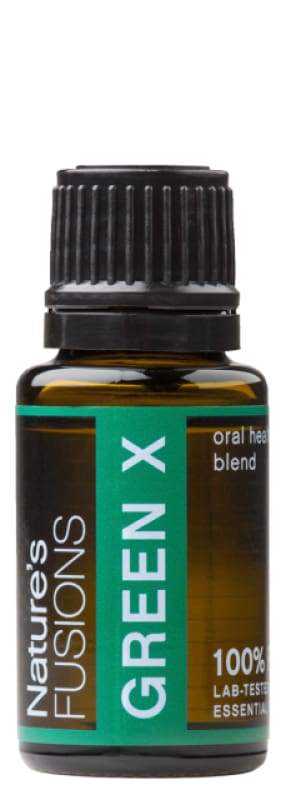 Green-X Oral Health Essential Oil in a 15-ml bottle, featuring a blend of natural essential oils for skin and lip health.