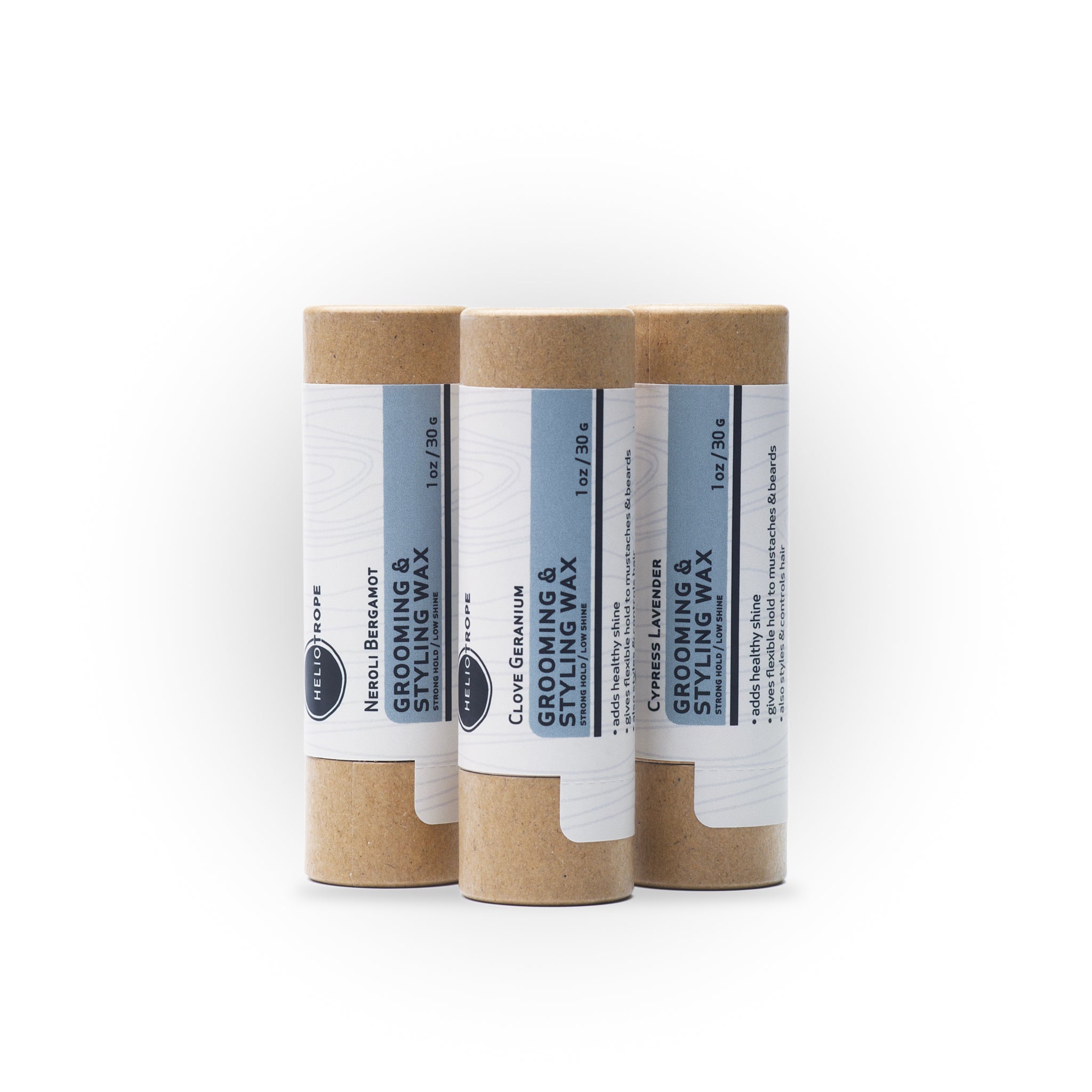 Grooming & Styling Wax in a sustainable push-up cardboard tube, showcasing its natural ingredients and flexible hold for hair and beard styling.