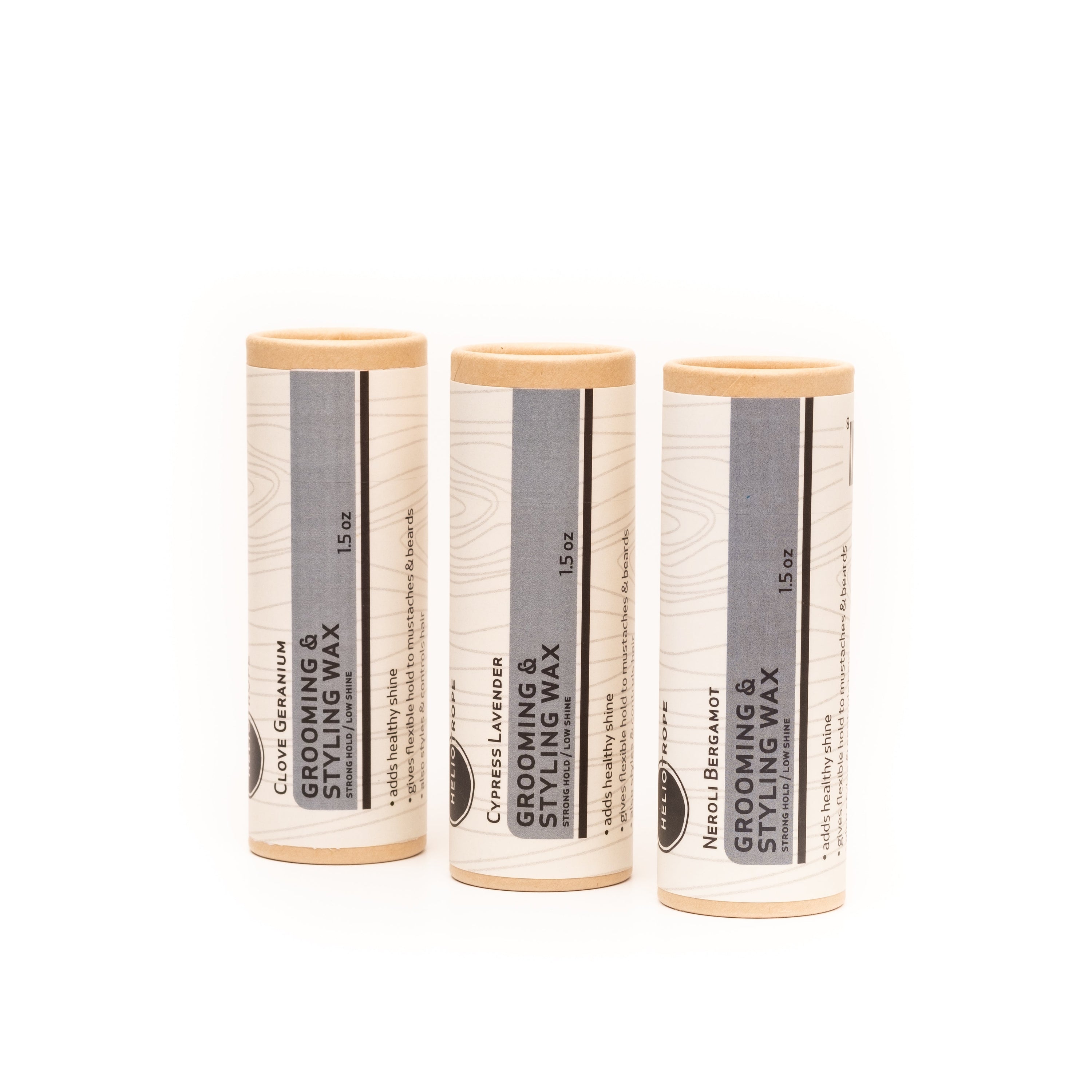 Grooming & Styling Wax in a sustainable push-up cardboard tube, showcasing its natural ingredients and flexible hold for hair and beard styling.