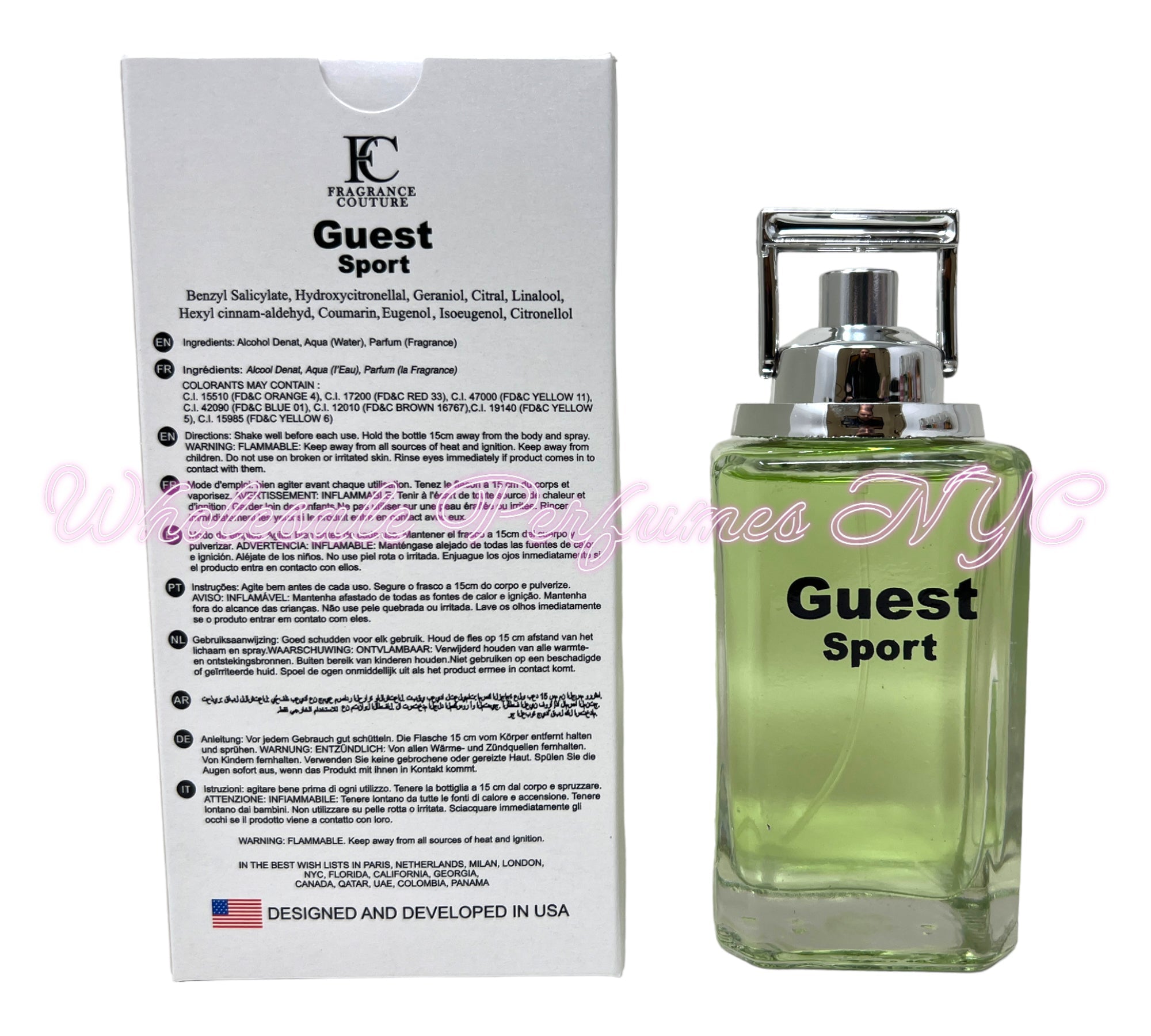 Guest Sport for Men Eau de Toilette 3.4oz bottle, featuring a sleek design and vibrant branding, perfect for active men.