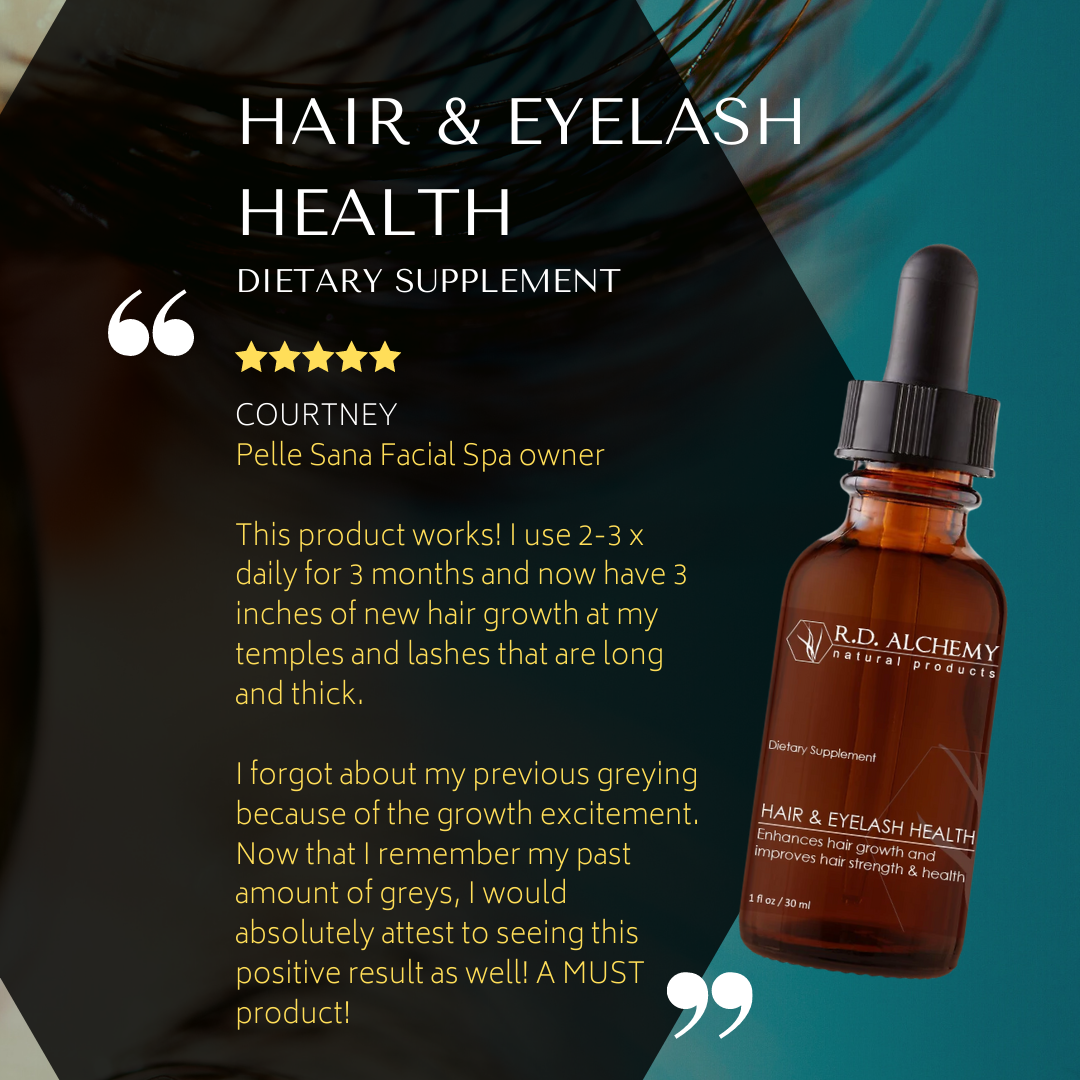 Bottle of Hair Health & Eye Lash Extract with a dropper, showcasing its natural ingredients for hair and eyelash nourishment.