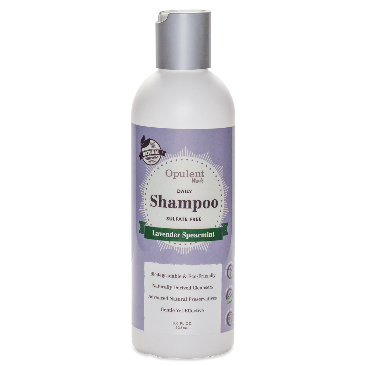 Bottle of Lavender Spearmint Hair Shampoo with a floral design, showcasing its natural ingredients.