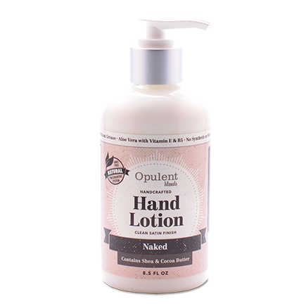 A bottle of Naked Hand Lotion with a minimalist design, showcasing its natural ingredients and non-greasy formula.