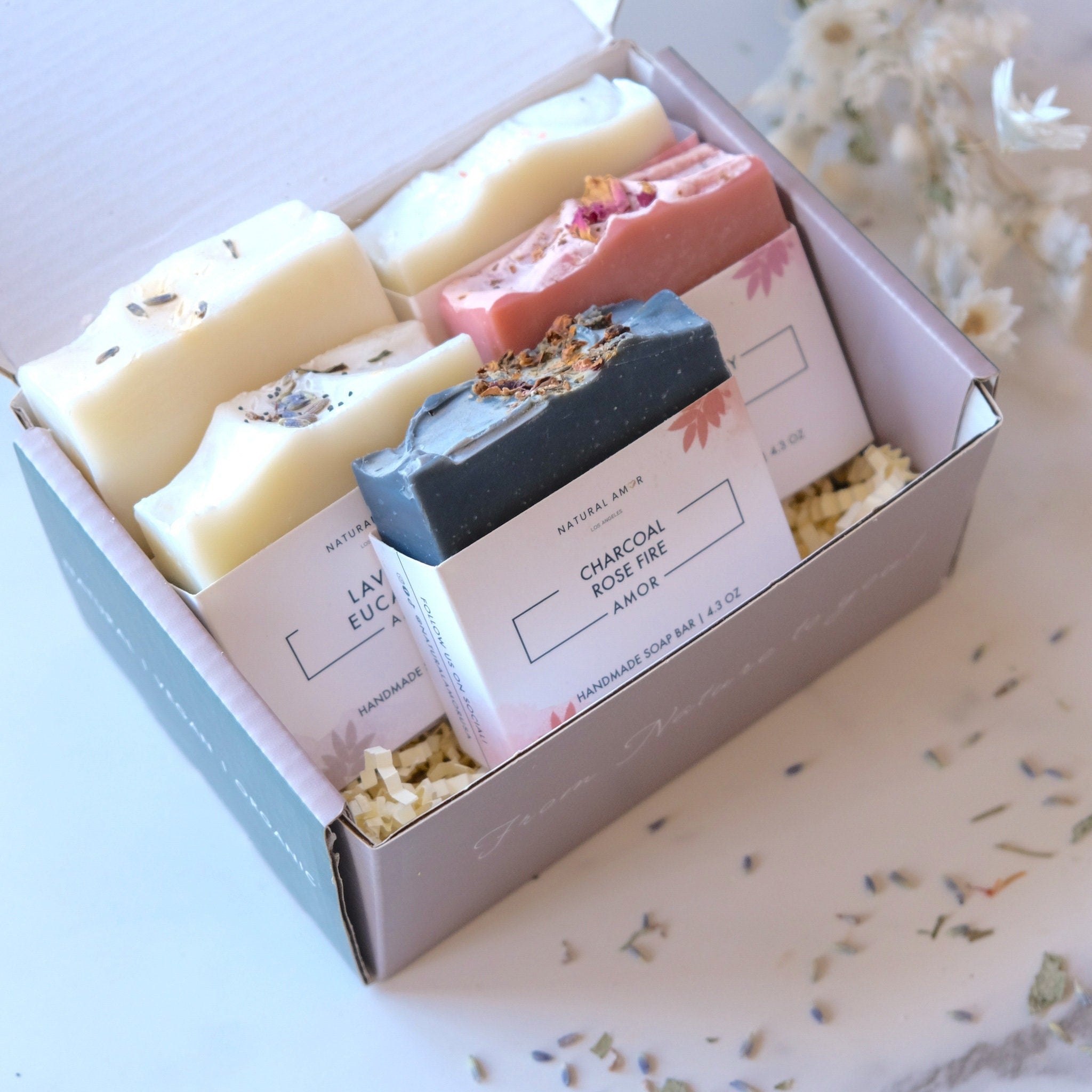 Box of assorted handmade soaps