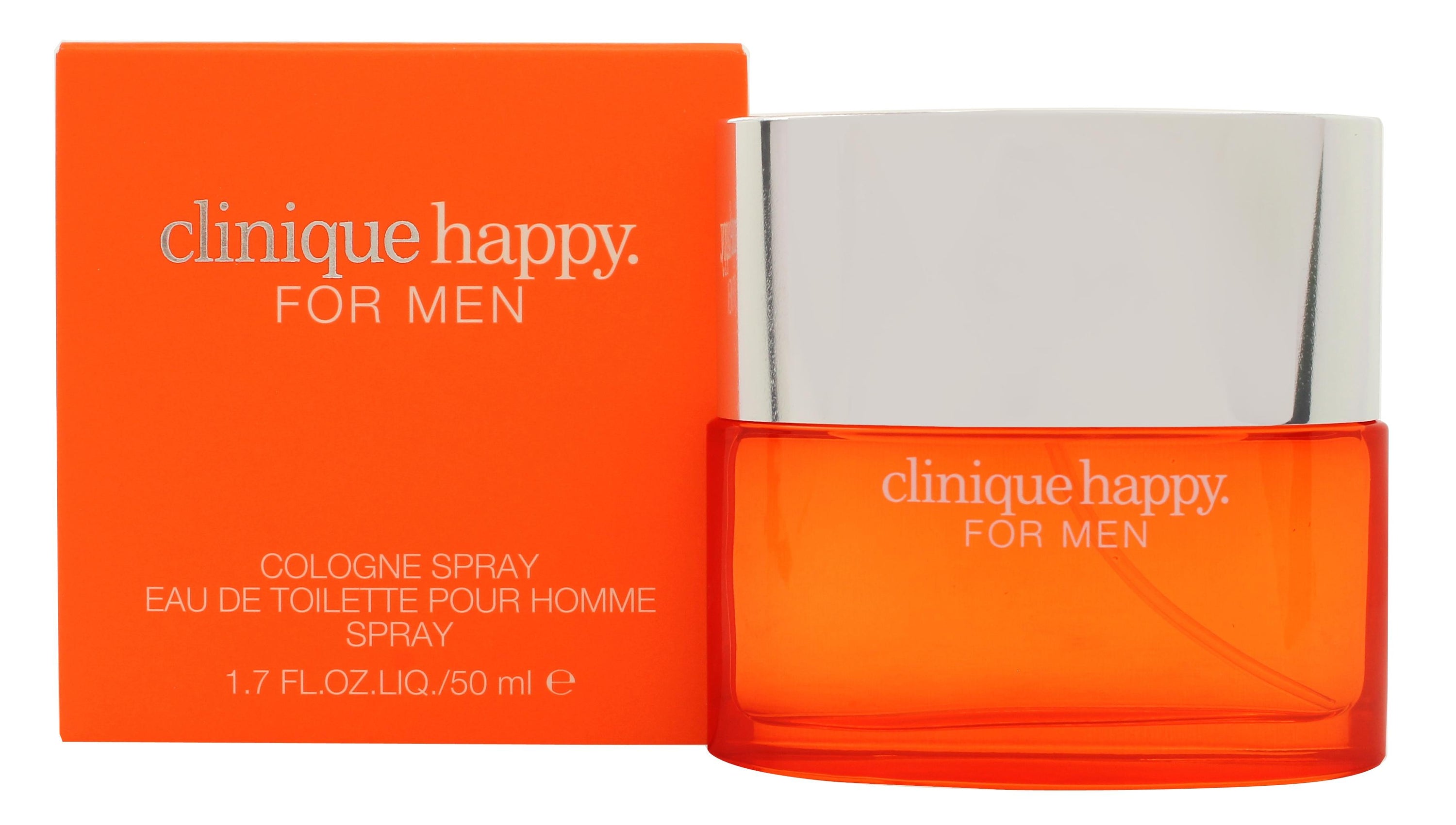 Clinique Happy Cologne Spray Eau de Toilette in a sleek bottle, showcasing a vibrant citrus aroma for men.