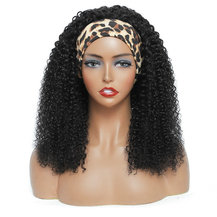 Headband Wig Kinky Curly Human Hair Scarf Wig displayed on a mannequin, showcasing its natural black color and curly texture.