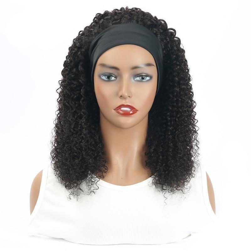 Headband Wig Kinky Curly Human Hair Scarf Wig displayed on a mannequin, showcasing its natural black color and curly texture.