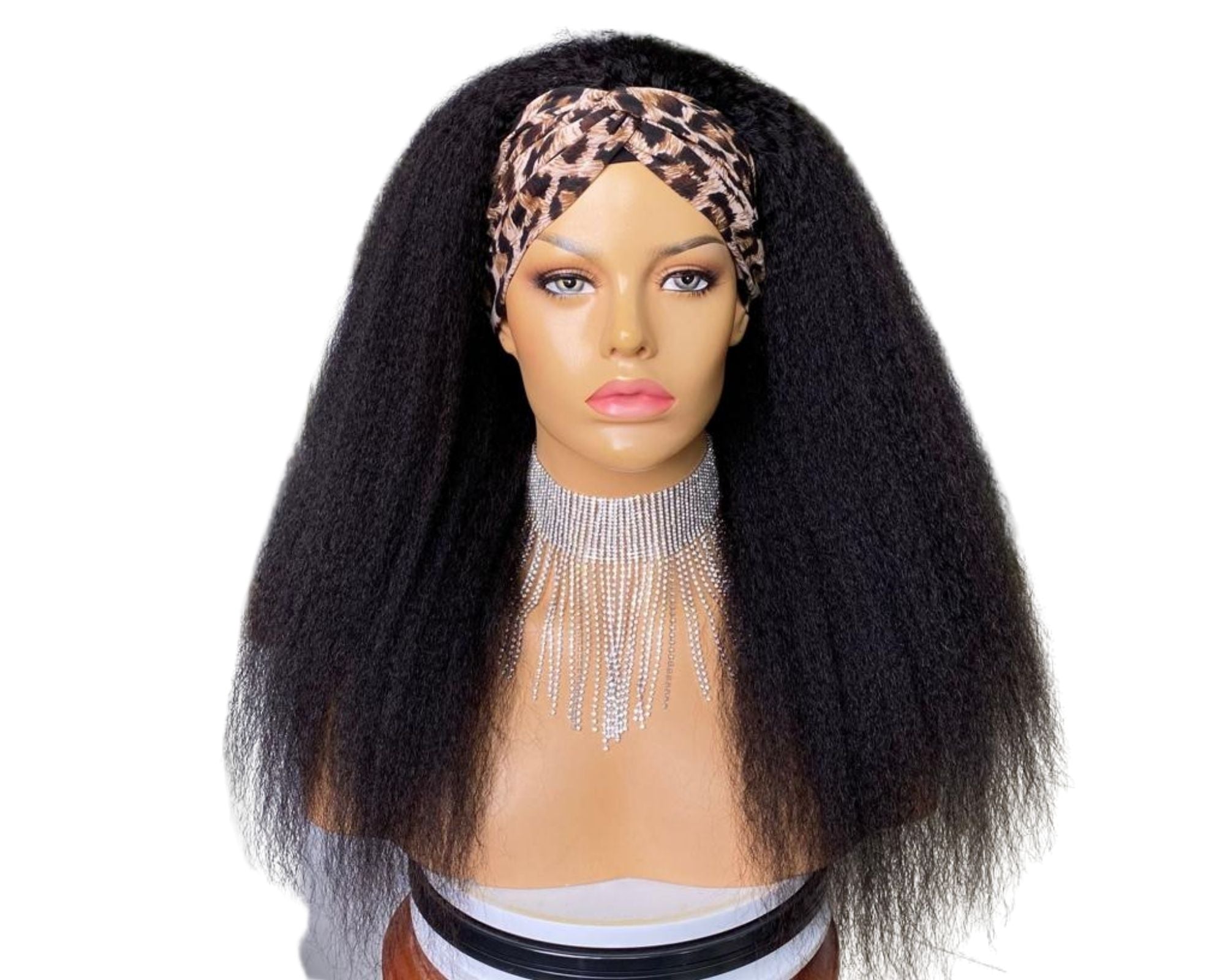 Headband Wig Kinky Straight Human Hair in natural black color, showcasing its texture and design for easy wear without glue.