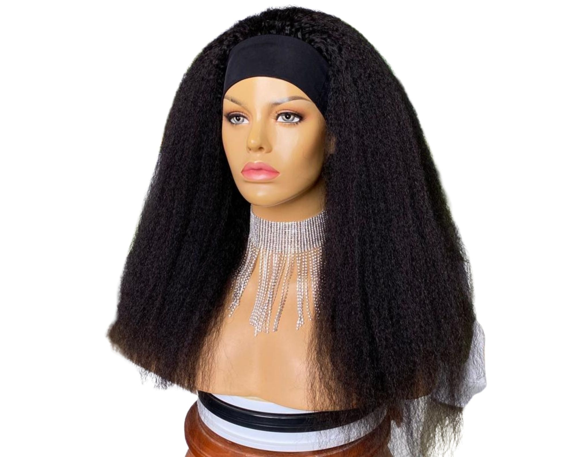 Headband Wig Kinky Straight Human Hair in natural black color, showcasing its texture and design for easy wear without glue.