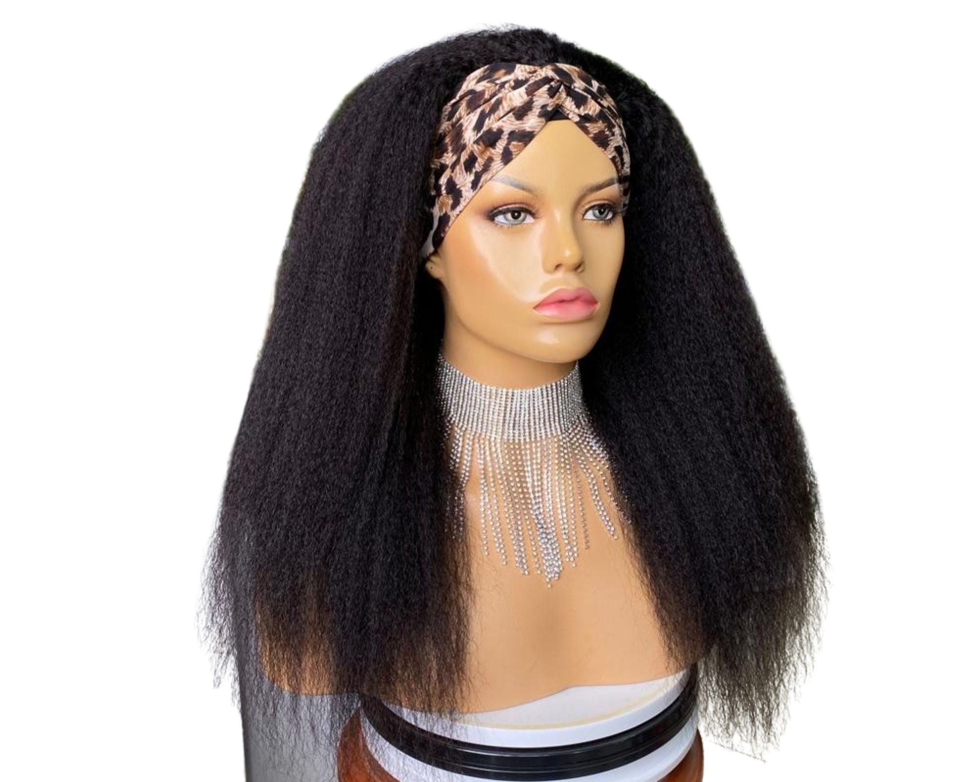 Headband Wig Kinky Straight Human Hair in natural black color, showcasing its texture and design for easy wear without glue.