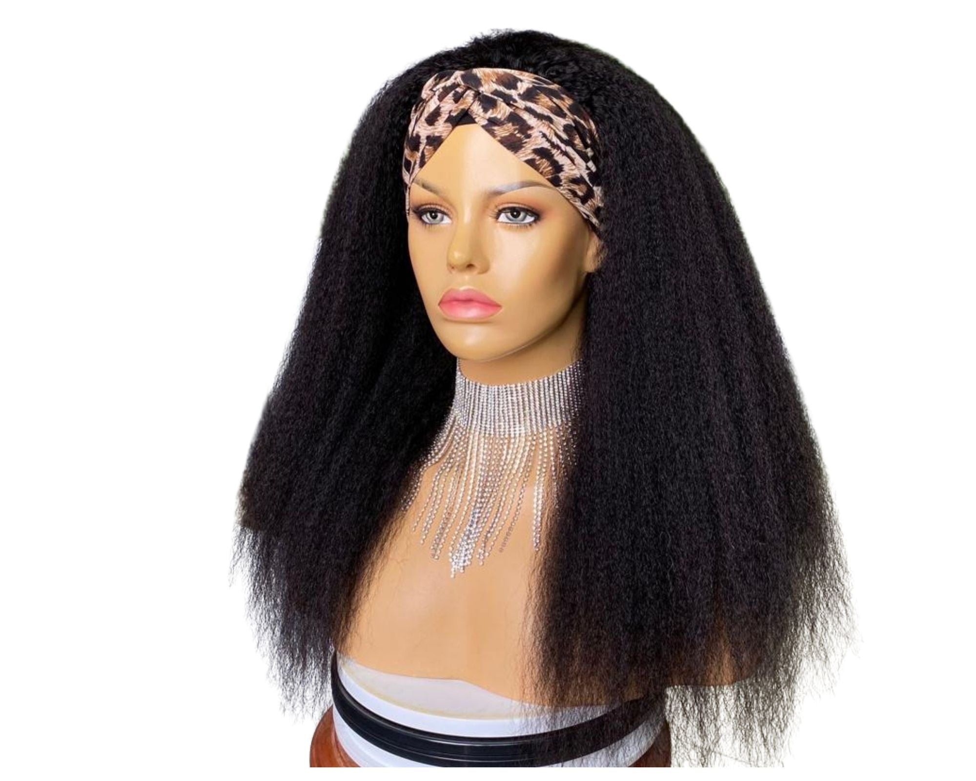 Headband Wig Kinky Straight Human Hair in natural black color, showcasing its texture and design for easy wear without glue.