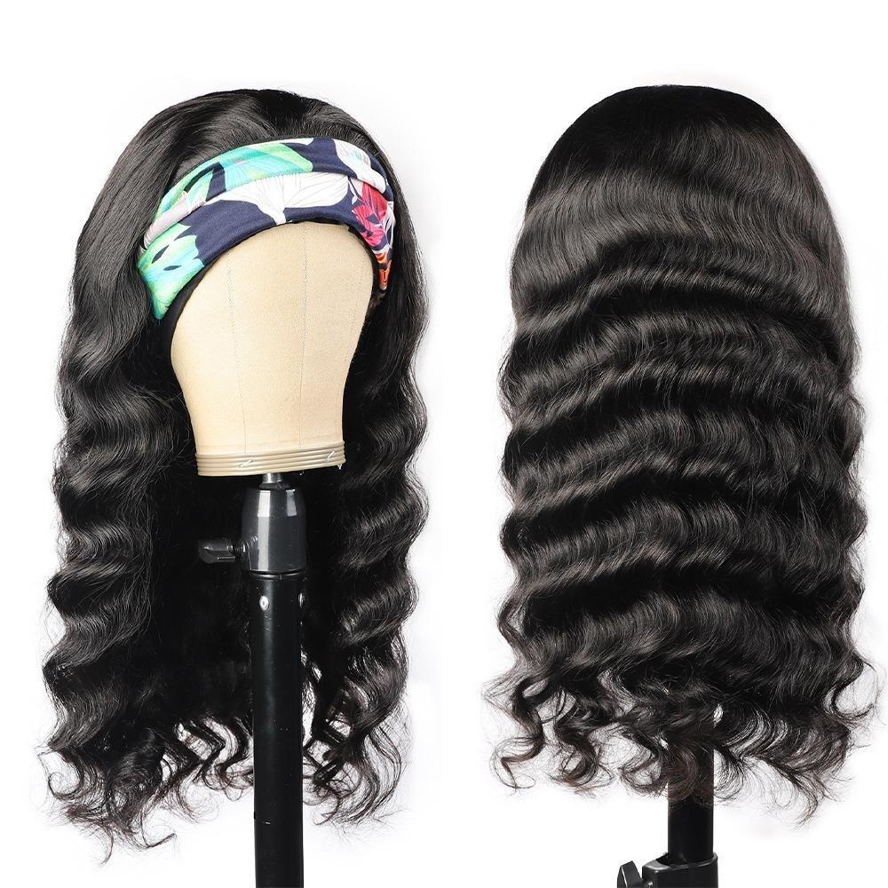 Headband Wig Loose Body Wave made from 100% real human hair, featuring a natural black color and loose waves for a stylish look.