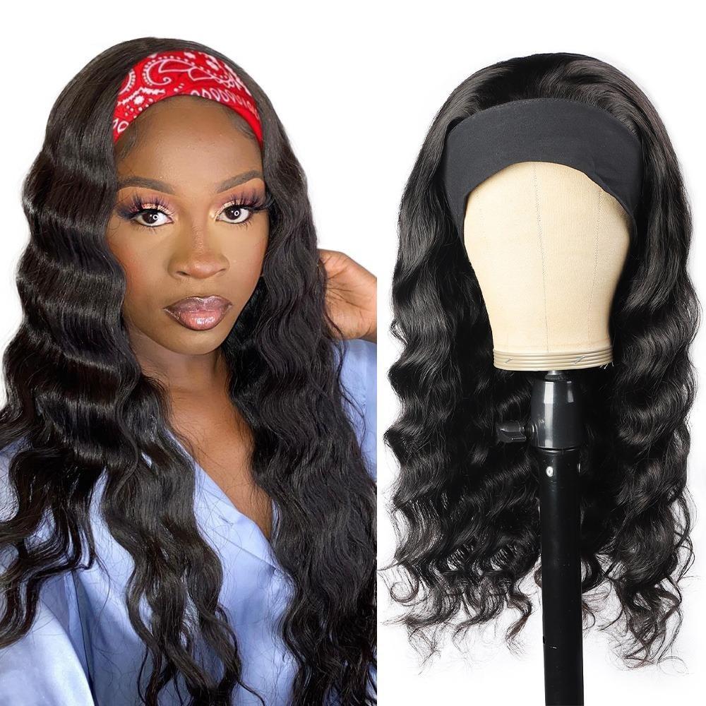 Headband Wig Loose Body Wave made from 100% real human hair, featuring a natural black color and loose waves for a stylish look.