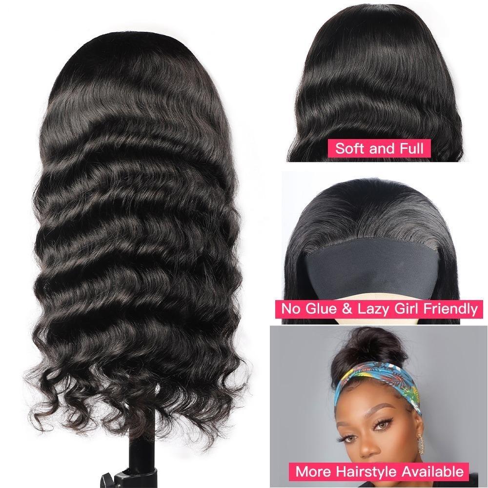 Headband Wig Loose Body Wave made from 100% real human hair, featuring a natural black color and loose waves for a stylish look.