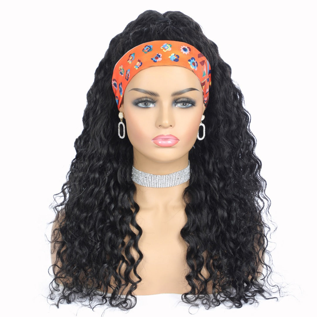 Headband Wig Water Wave Human Hair Scarf Wig in natural black color, showcasing its elegant water wave texture and easy-wear design.