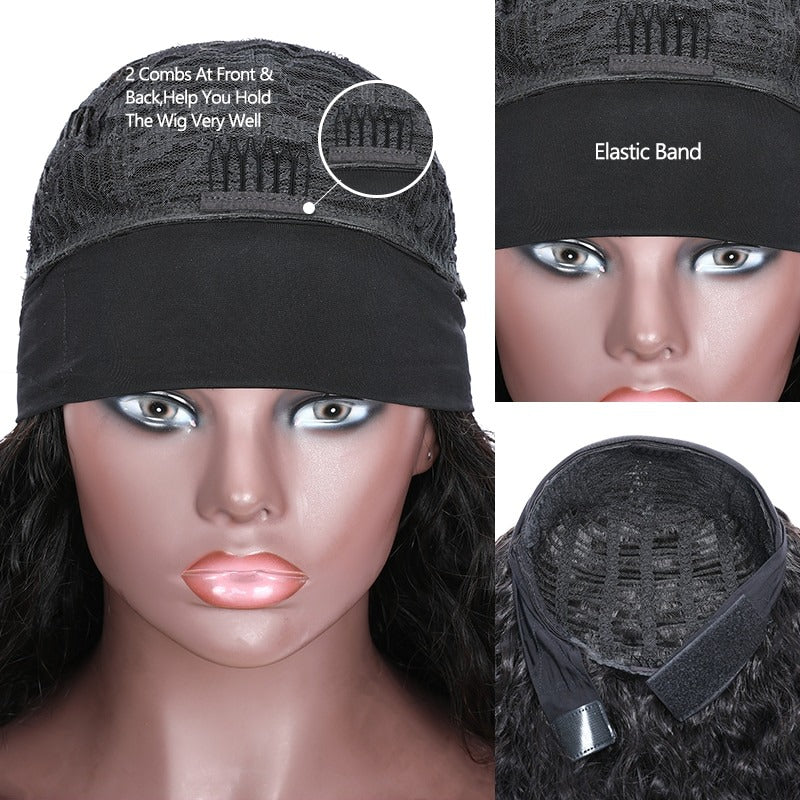 Headband Wig Water Wave Human Hair Scarf Wig in natural black color, showcasing its elegant water wave texture and easy-wear design.