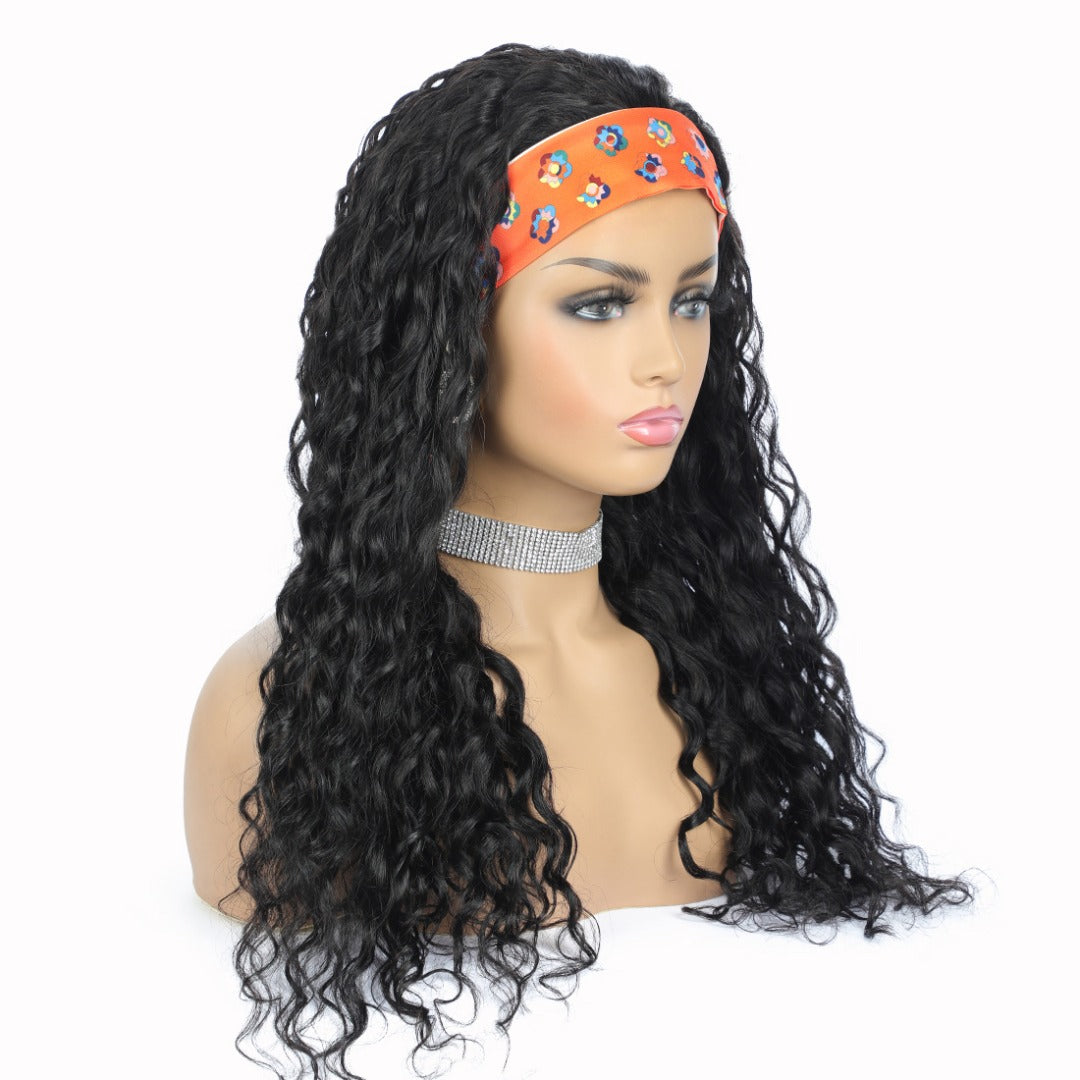 Headband Wig Water Wave Human Hair Scarf Wig in natural black color, showcasing its elegant water wave texture and easy-wear design.