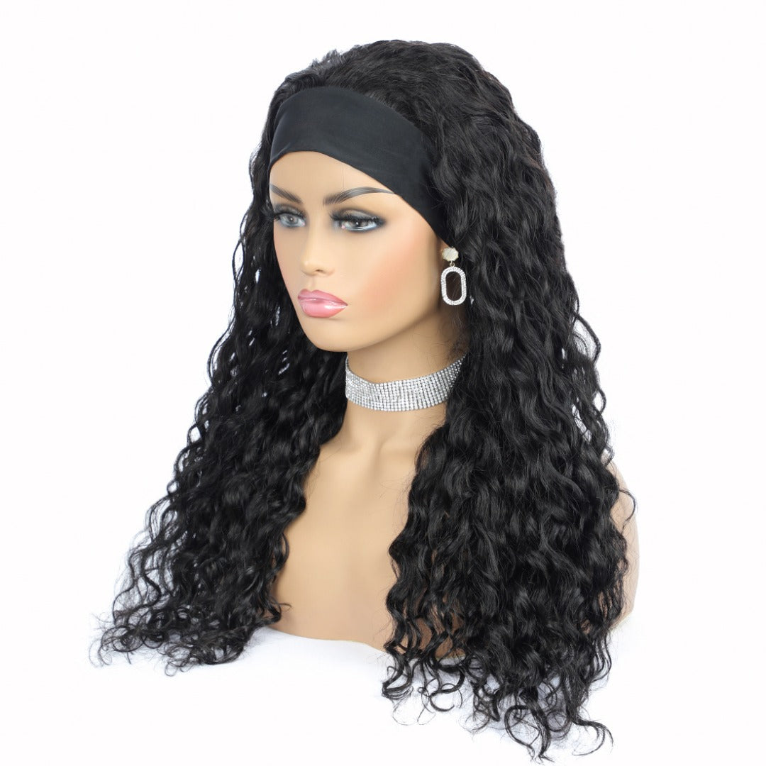 Headband Wig Water Wave Human Hair Scarf Wig in natural black color, showcasing its elegant water wave texture and easy-wear design.