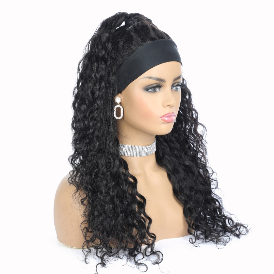 Headband Wig Water Wave Human Hair Scarf Wig in natural black color, showcasing its elegant water wave texture and easy-wear design.