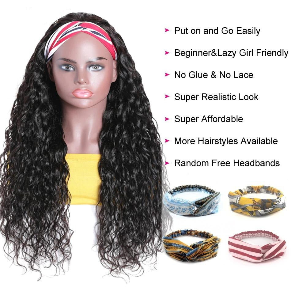 Headband Wig Water Wave Human Hair Scarf Wig in natural black color, showcasing its elegant water wave texture and easy-wear design.