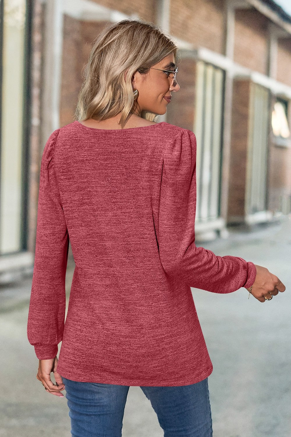 Heathered square neck puff sleeve top in a casual style, featuring puff sleeves and a heathered pattern, perfect for everyday wear.