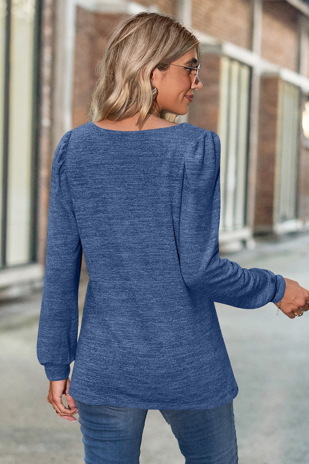 Heathered square neck puff sleeve top in a casual style, featuring puff sleeves and a heathered pattern, perfect for everyday wear.