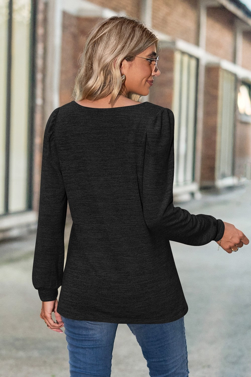 Heathered square neck puff sleeve top in a casual style, featuring puff sleeves and a heathered pattern, perfect for everyday wear.