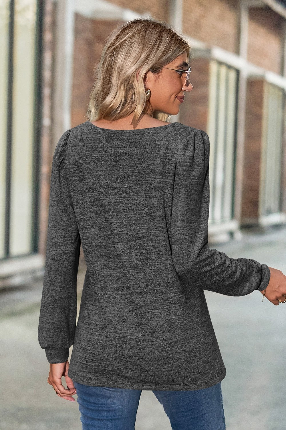 Heathered square neck puff sleeve top in a casual style, featuring puff sleeves and a heathered pattern, perfect for everyday wear.