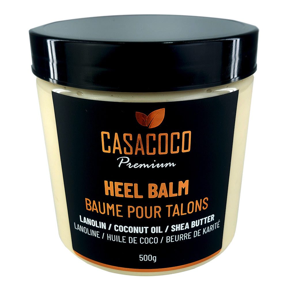 A jar of Heel Balm containing lanolin and shea butter, designed for hydrating and repairing dry, cracked feet.