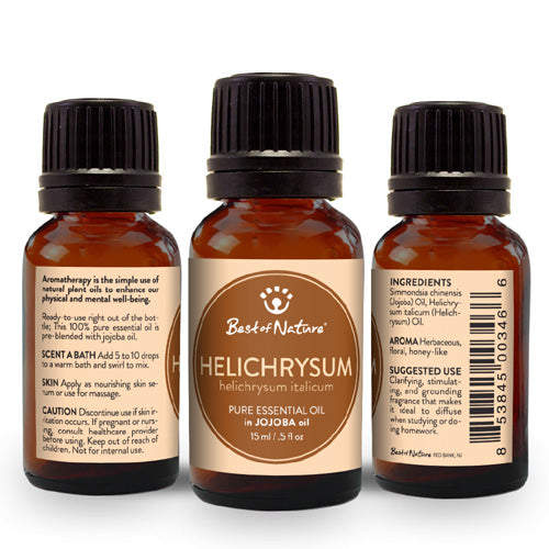 A bottle of Helichrysum Essential Oil blended with Jojoba Oil, showcasing its rich golden color and elegant packaging.