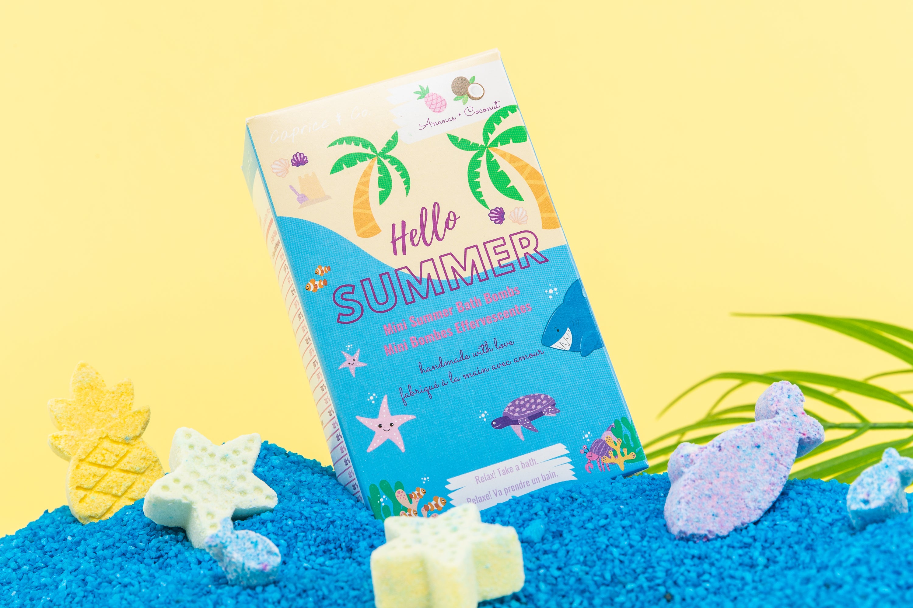 Hello Summer Mini Bath Bombs in vibrant colors, featuring pineapple and coconut scent, perfect for a relaxing bath experience.