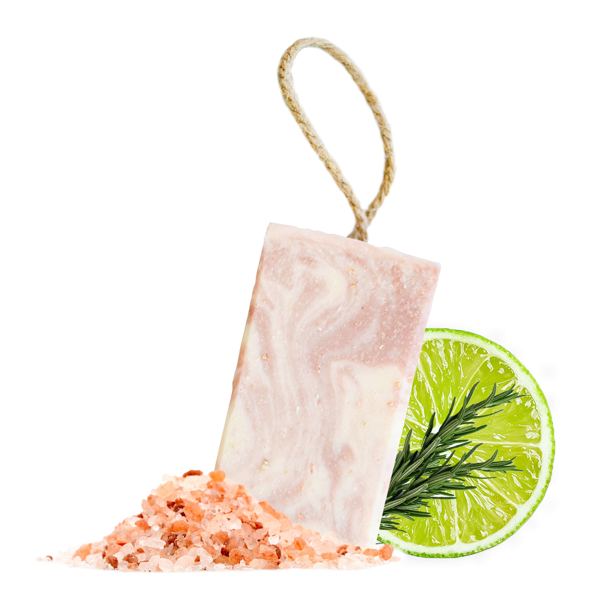 Himalayan Promise Soap Bar featuring rosemary and lime scent, enriched with Himalayan pink salt, showcasing a unique handmade design.