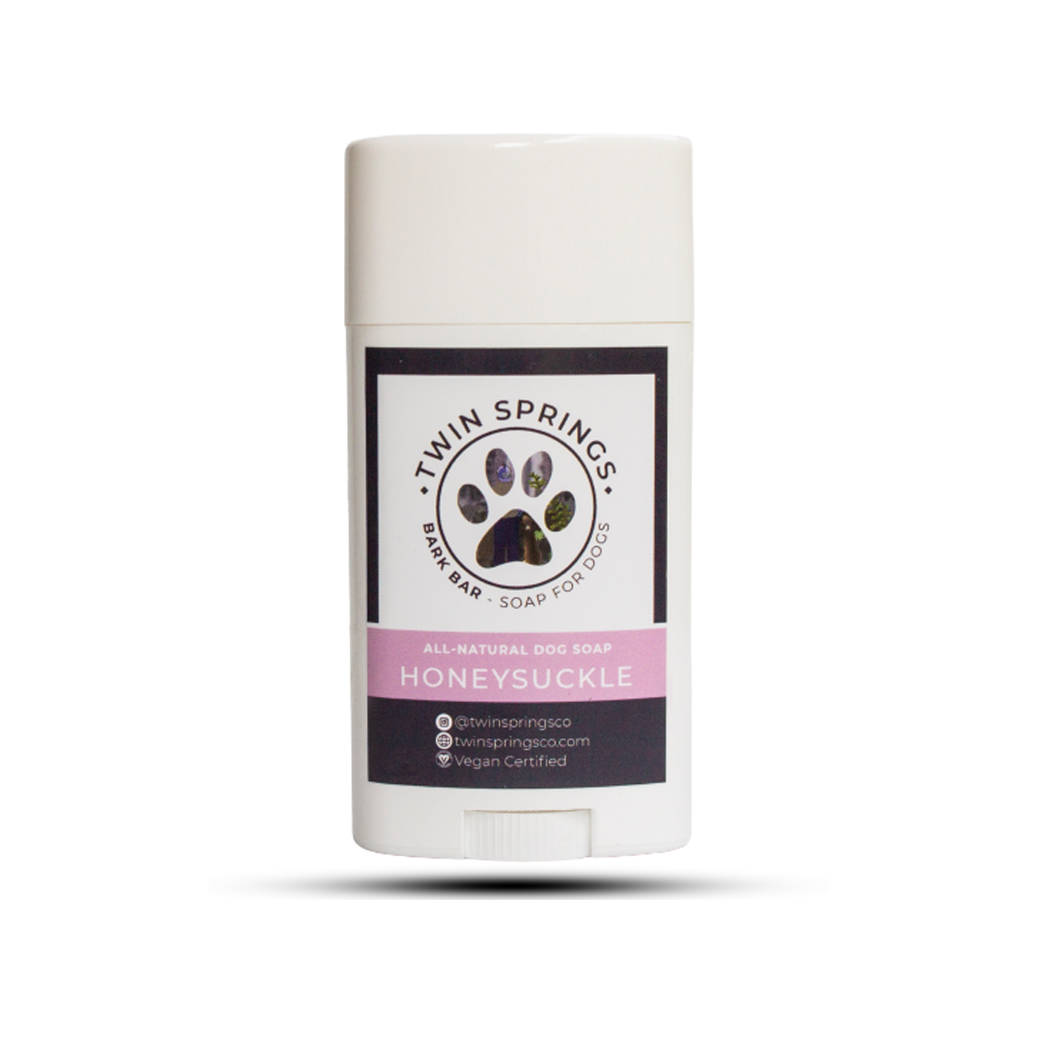 Honeysuckle Bark Bar for dogs, handcrafted soap in a travel-friendly container, featuring natural ingredients for gentle cleaning.