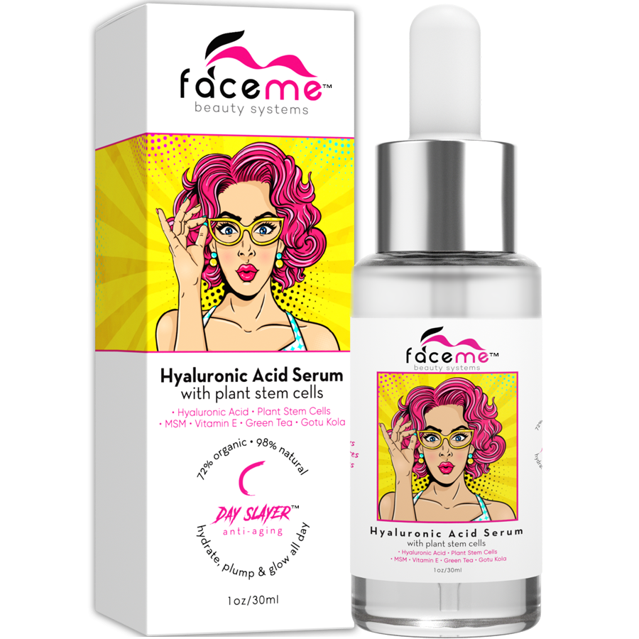 A bottle of Hyaluronic Acid Serum with a dropper, showcasing its hydrating properties and natural ingredients.