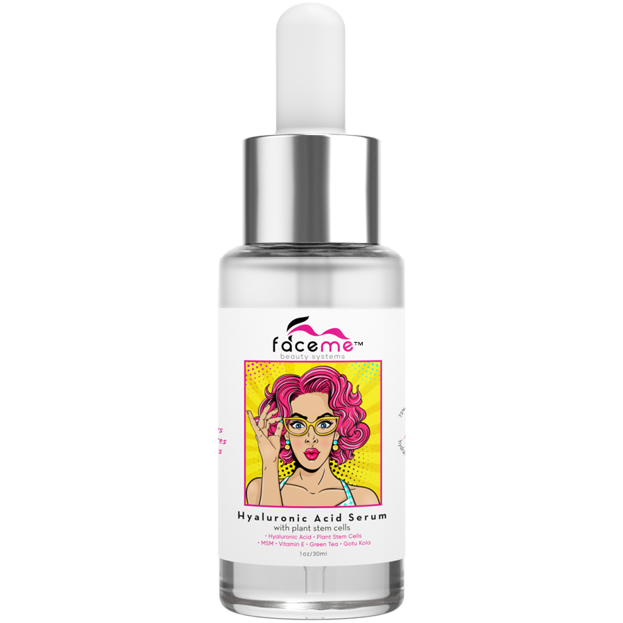 A bottle of Hyaluronic Acid Serum with a dropper, showcasing its hydrating properties and natural ingredients.