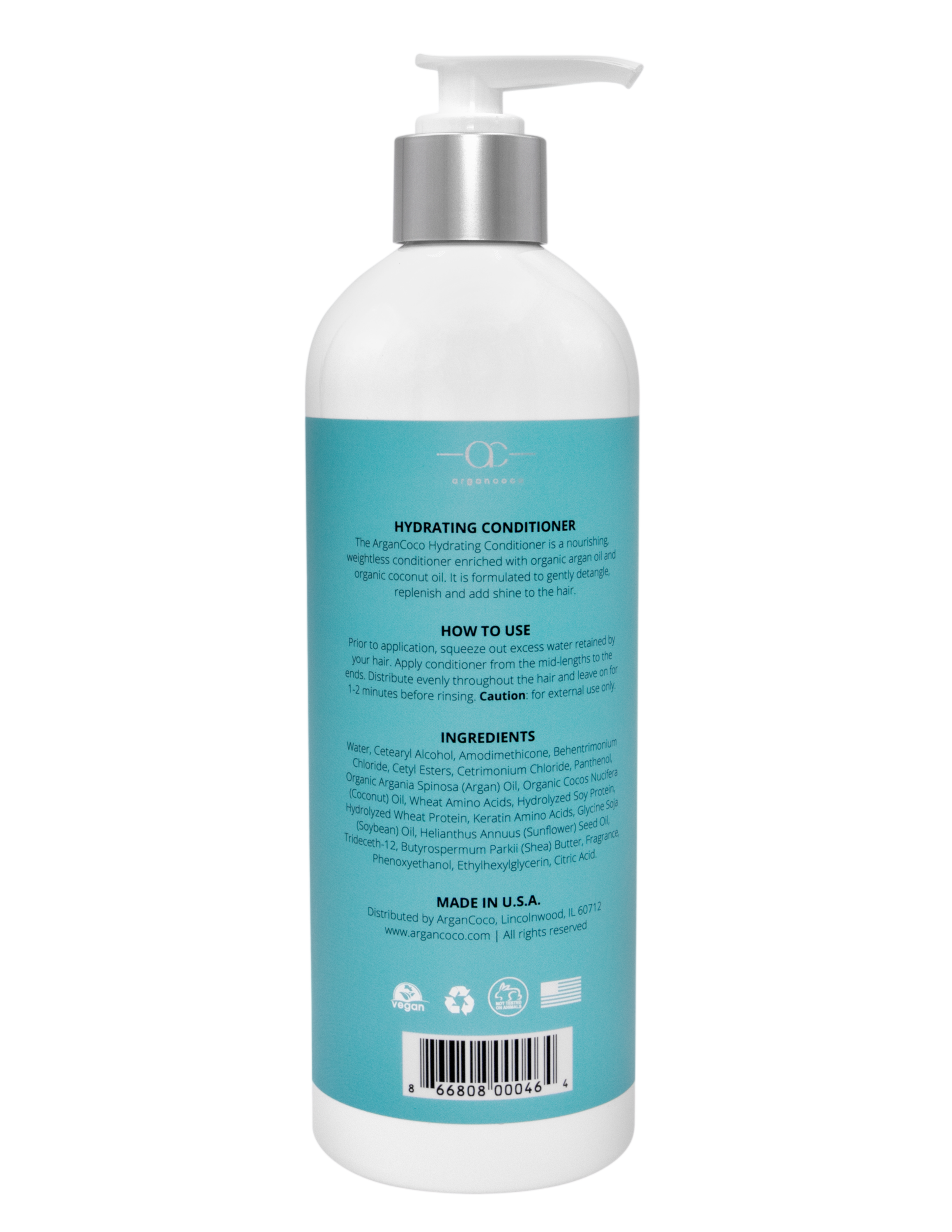 ArganCoco Hydrating Conditioner bottle with organic argan and coconut oil ingredients, designed for all hair types.