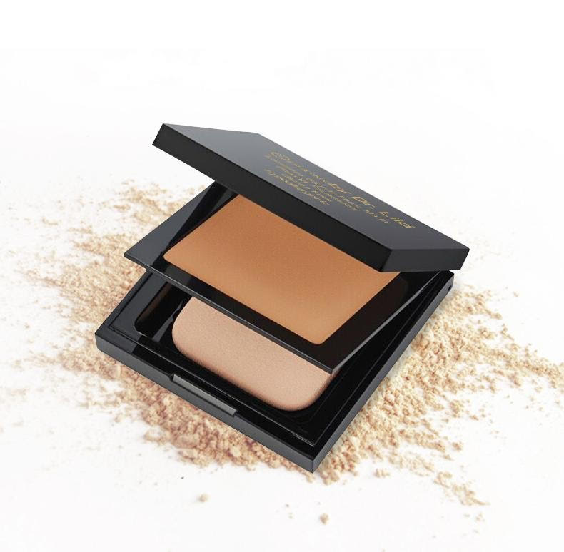 EpiLynx Hydrating Powder Foundation in a compact with a sponge, showcasing its matte finish and available shades.